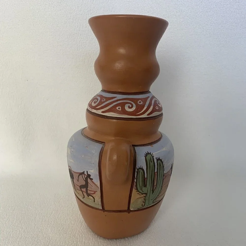 Clay Vase Desert Scene 11” by 8” Pottery Double Handle Cactus Llamas Southwest